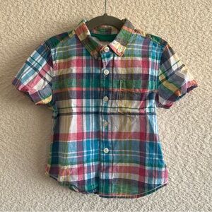 Boden Toddler Boy‎ Plaid Button Down Linen Blend Shirt Size 3-4 Years